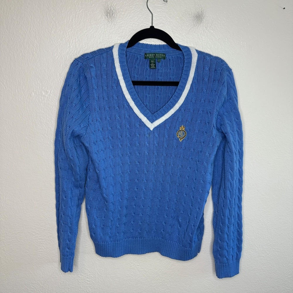 Vtg Ralph Lauren Active Blue Cable Knit V-Neck Crest Sweater Cotton Y2K Rugby L - Picture 3 of 9